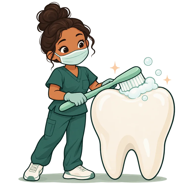 Cartoon illustration of a dental character brushing a large tooth