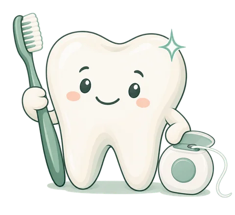 Friendly illustrated tooth with a toothbrush and floss