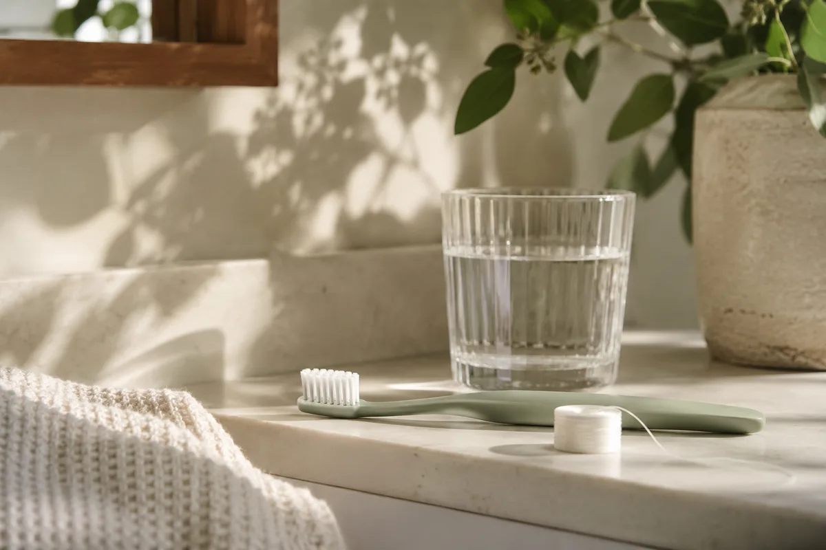 AI-generated illustrative photo of a toothbrush, floss, and water