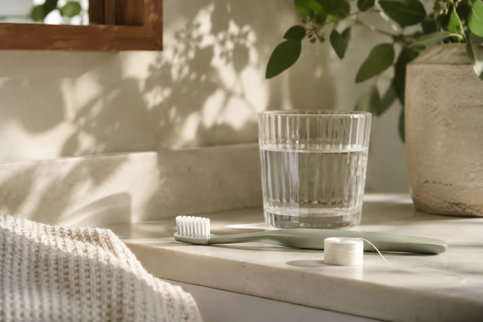 Illustrative photograph of a toothbrush, floss, and a glass of water