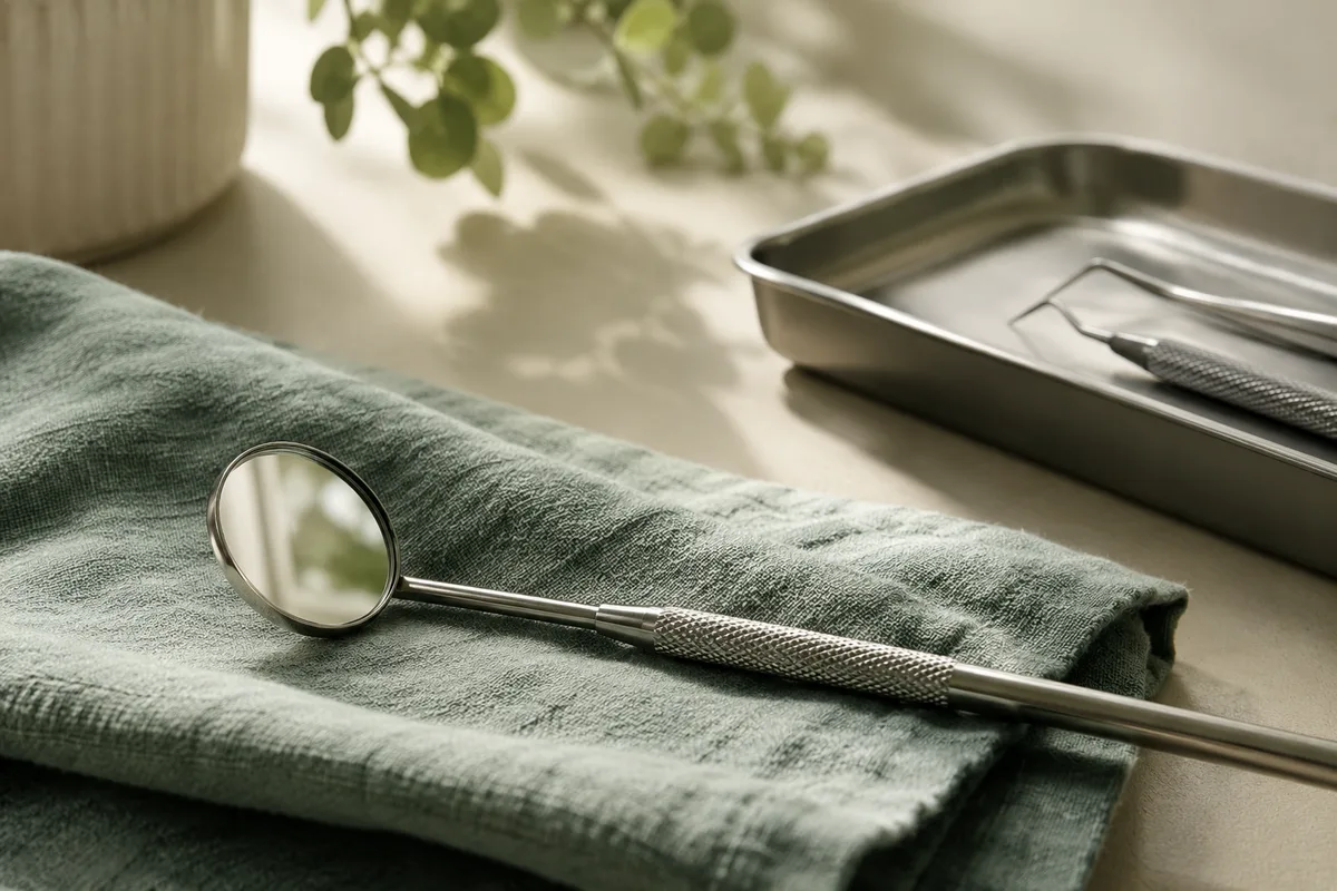 AI-generated illustrative photograph of a dental mirror on sage linen